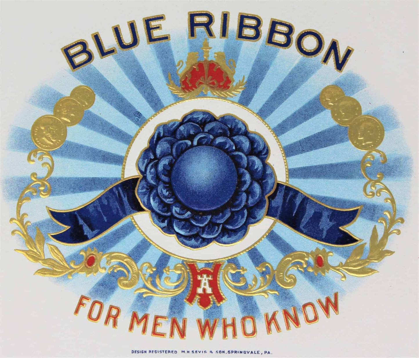 Cigar Box Label, Blue Ribbon, Original Lithograph, NOS, 1920's, Antique