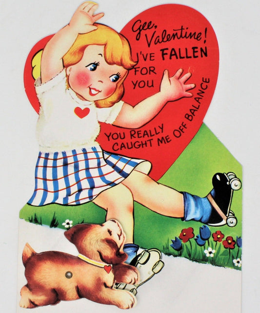 Greeting Card / Valentine, Movable, Roller Skater, Large 9", Unused, Vintage