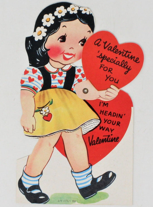 Greeting Card / Valentine, Movable, Girl with Heart, Large 7", Unused, Vintage
