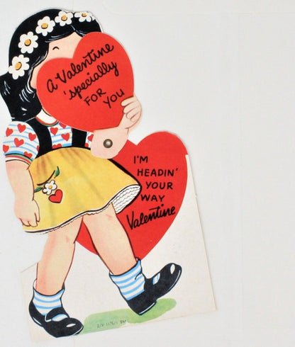 Greeting Card / Valentine, Movable, Girl with Heart, Large 7", Unused, Vintage