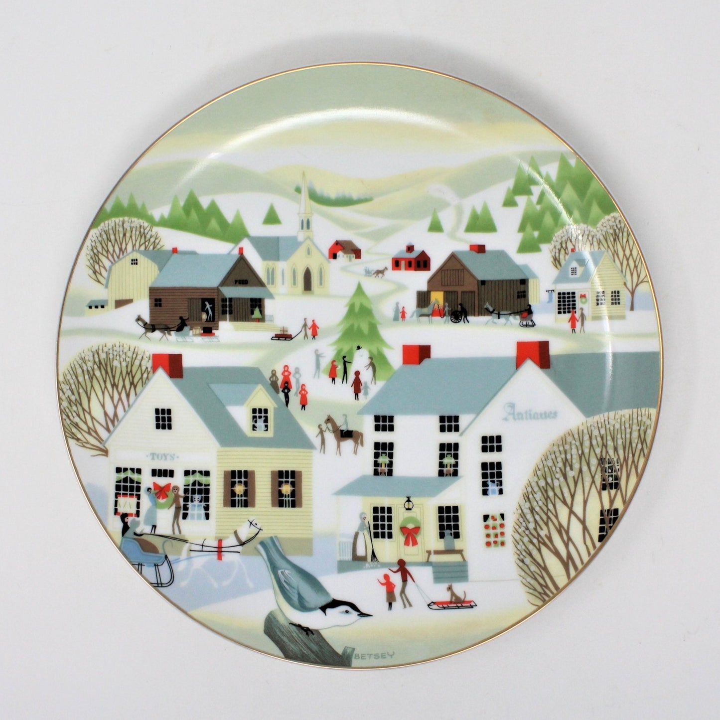Decorative Plate, Betsey Bates, Christmas The Village Antique Shop, Vintage 1986
