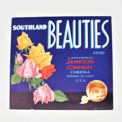 Crate Label, Southland Beauties, Roses, Jameson Co, Riverside, CA, Vintage, 1940's