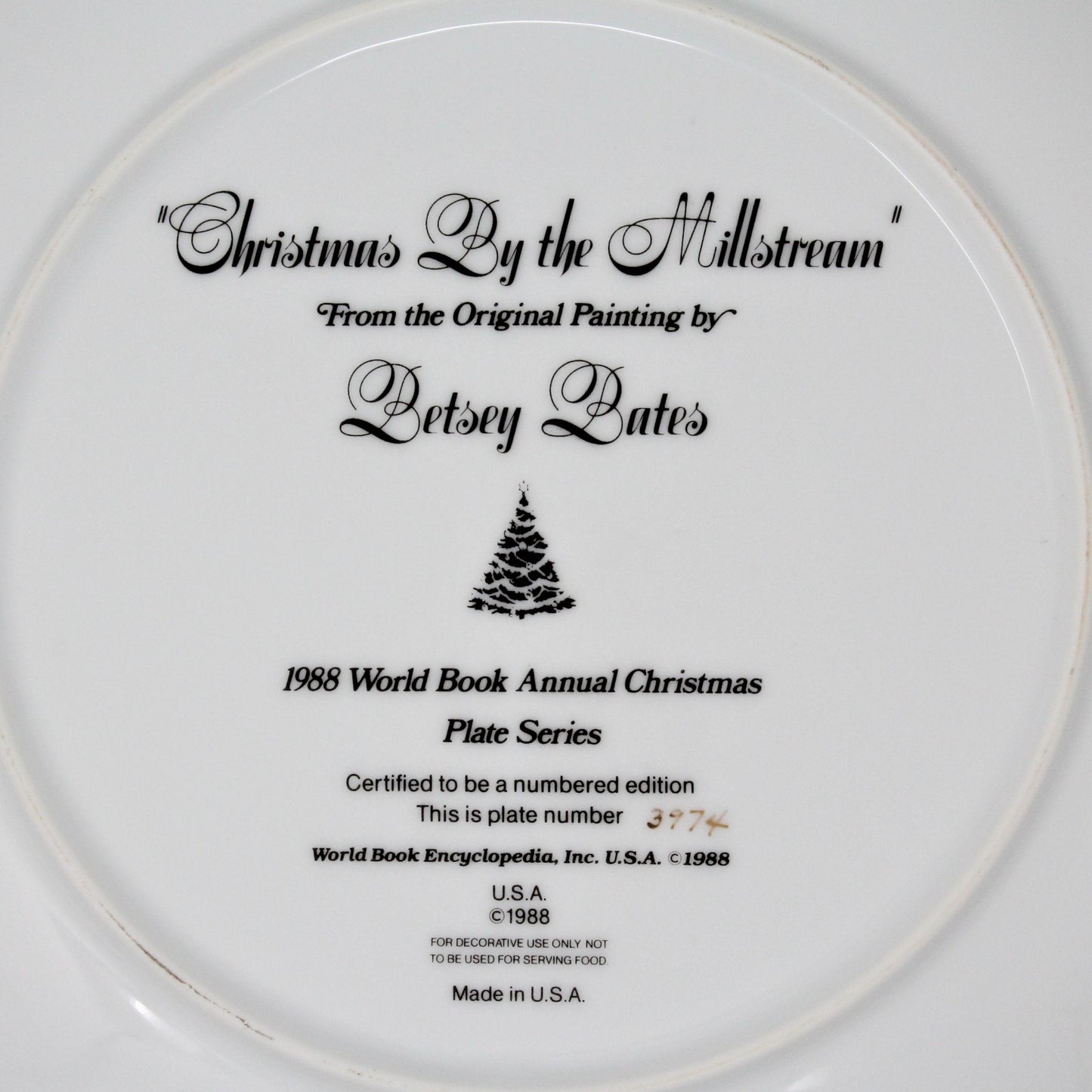 Decorative Plate, Betsey Bates, Christmas by the Millstream, Vintage 1988