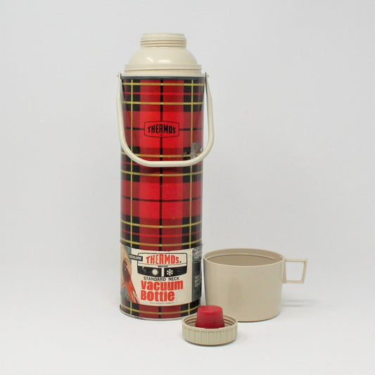 Thermos, King-Seeley, Red & Black Buffalo Plaid, Carrying Handle, Quart, Vintage 1964