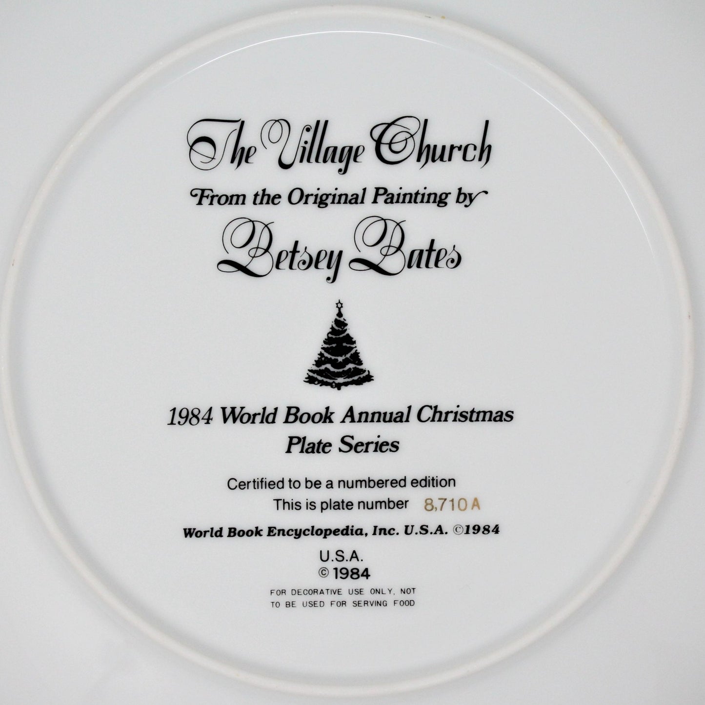 Decorative Plate, Betsey Bates, Christmas The Village Church, Annual Plate, Vintage 1984
