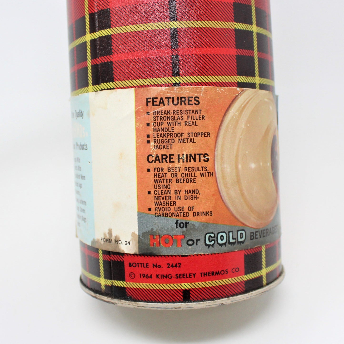 Thermos, King-Seeley, Red & Black Buffalo Plaid, Carrying Handle, Quart, Vintage 1964