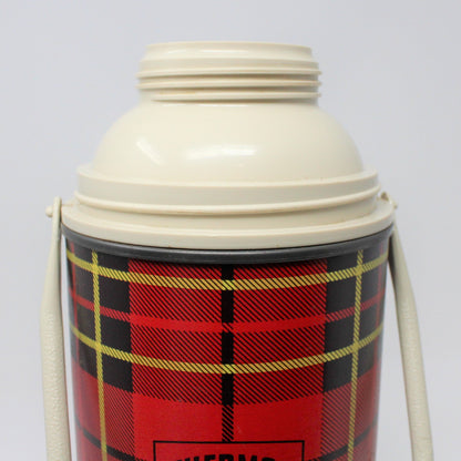 Thermos, King-Seeley, Red & Black Buffalo Plaid, Carrying Handle, Quart, Vintage 1964