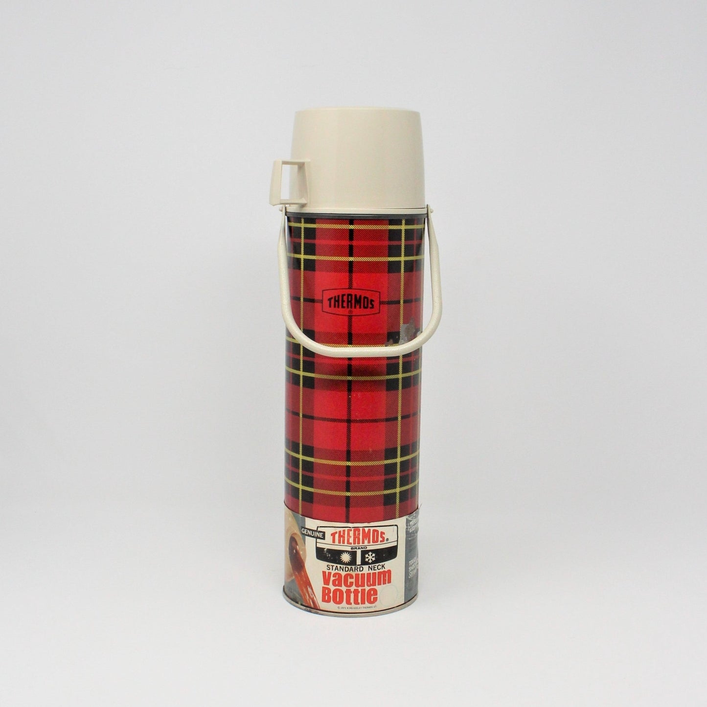 Thermos, King-Seeley, Red & Black Buffalo Plaid, Carrying Handle, Quart, Vintage 1964