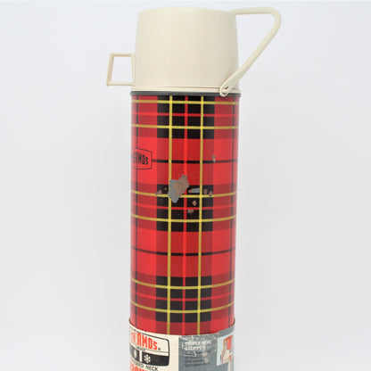 Thermos, King-Seeley, Red & Black Buffalo Plaid, Carrying Handle, Quart, Vintage 1964