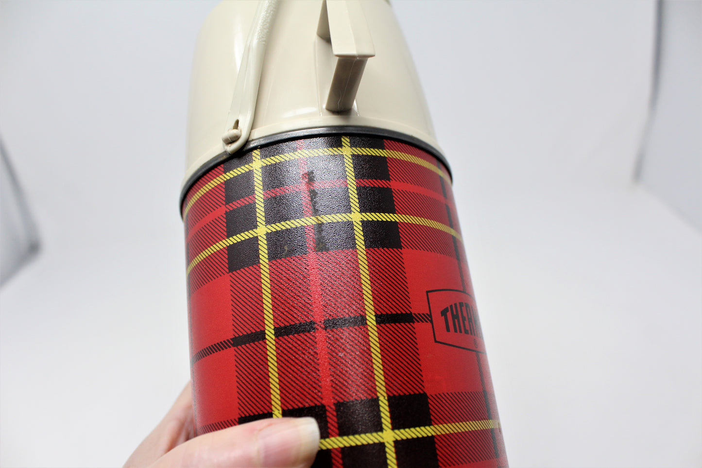 Thermos, King-Seeley, Red & Black Buffalo Plaid, Carrying Handle, Quart, Vintage 1964