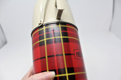 Thermos, King-Seeley, Red & Black Buffalo Plaid, Carrying Handle, Quart, Vintage 1964