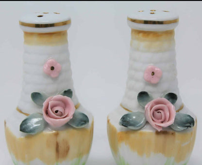 Salt and Pepper Shakers, Basket with Pink Roses, Porcelain Japan