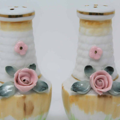 Salt and Pepper Shakers, Basket with Pink Roses, Porcelain Japan