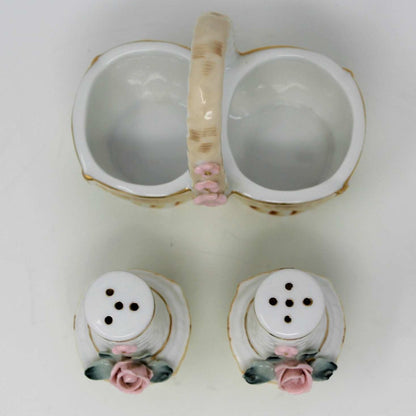 Salt and Pepper Shakers, Basket with Pink Roses, Porcelain Japan