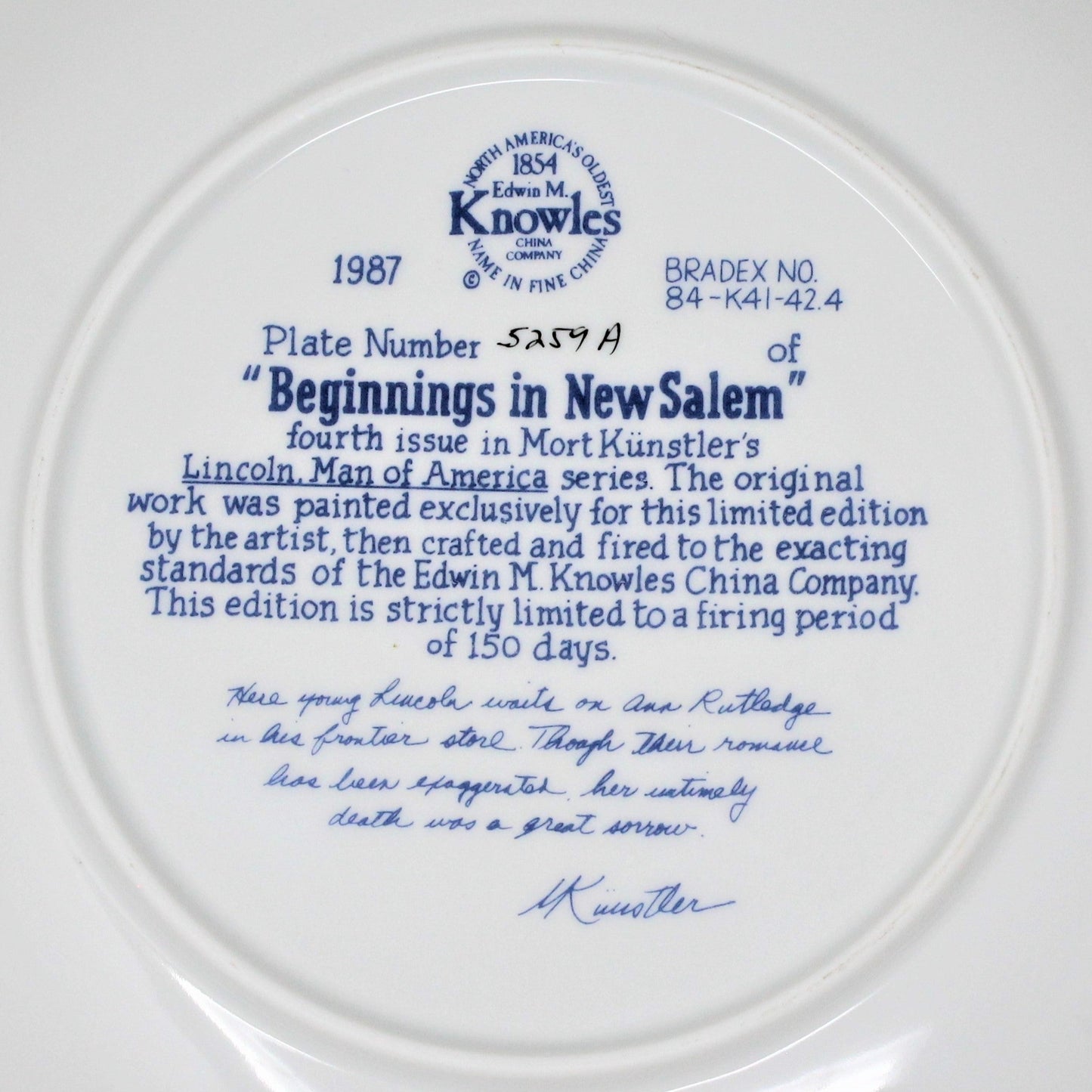 Decorative Plate, Knowles, Lincoln, Beginnings in New Salem, Kunstler, Vintage
