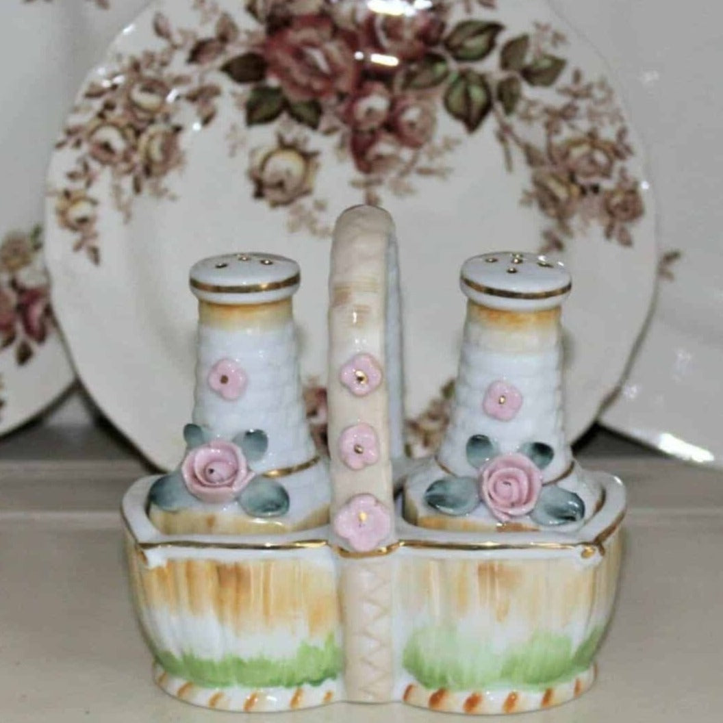 Salt and Pepper Shakers, Basket with Pink Roses, Porcelain Japan