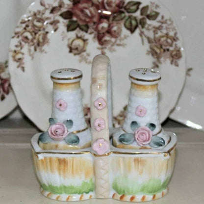 Salt and Pepper Shakers, Basket with Pink Roses, Porcelain Japan