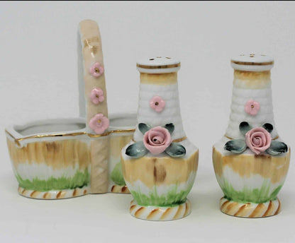 Salt and Pepper Shakers, Basket with Pink Roses, Porcelain Japan