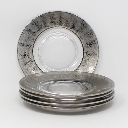 Bread & Butter Plates, Glass with Silver Overlay Greek/Roman Motif, Vintage, Set of 5, RARE, SOLD