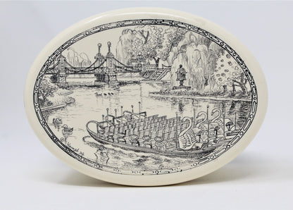 Trinket Box, Scrimshaw Style, Hand Carved, Swan Boats, Signed, 1994