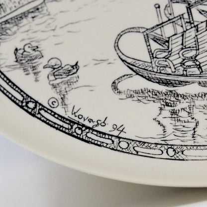 Trinket Box, Scrimshaw Style, Hand Carved, Swan Boats, Signed, 1994