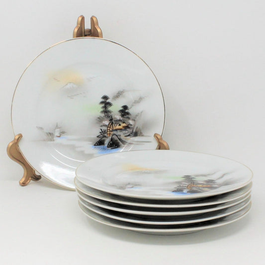 Bread & Butter Plates, Kutani, Japanese Waterwheel /Mt Fuji, Hand Painted , Set of 6, Vintage