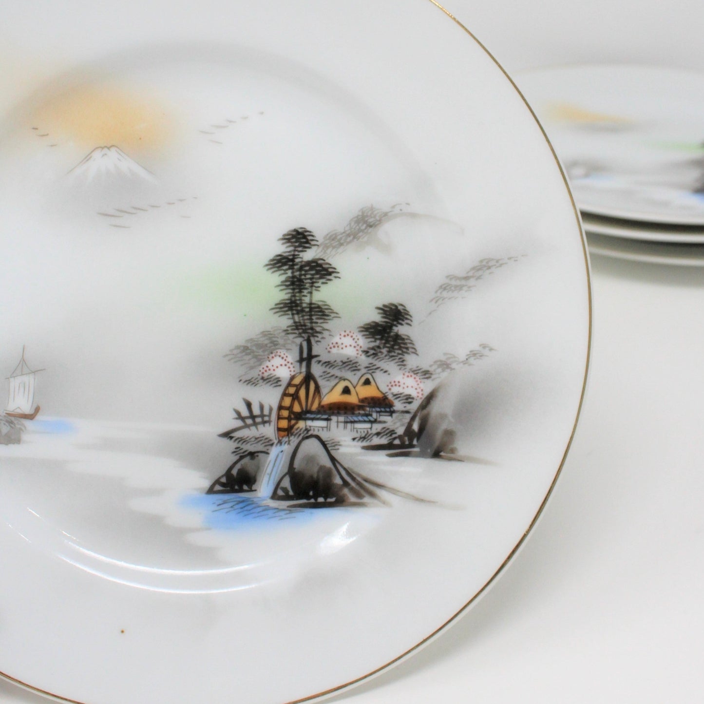 Bread & Butter Plates, Kutani, Japanese Waterwheel /Mt Fuji, Hand Painted , Set of 6, Vintage