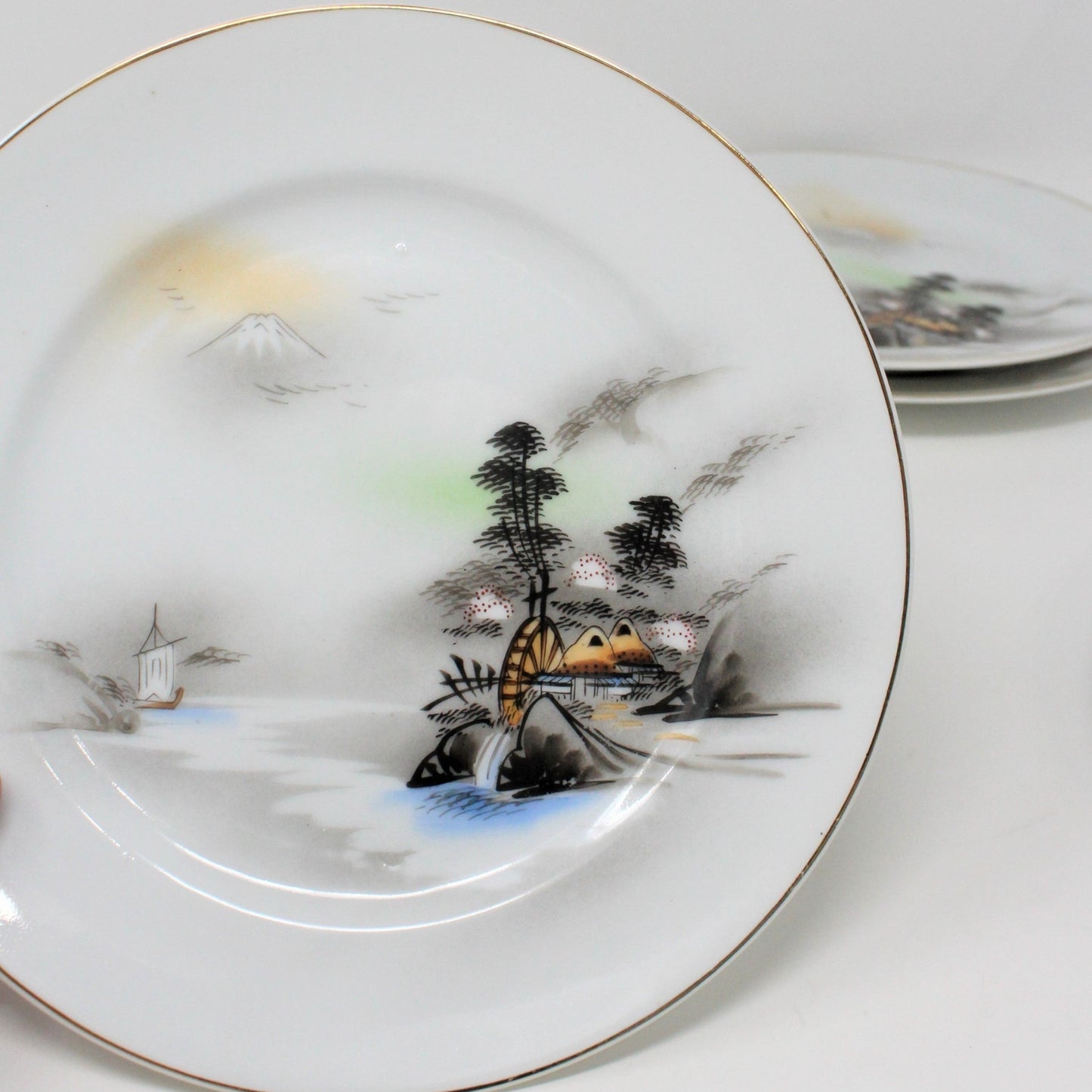 Bread & Butter Plates, Kutani, Japanese Waterwheel /Mt Fuji, Hand Painted , Set of 6, Vintage