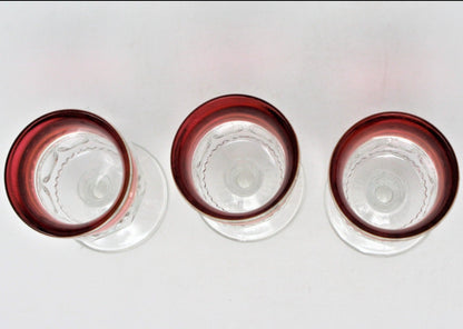 Cordials, Indiana Glass Kings Crown (Thumbprint) Ruby Iridescent, Set of 3, Vintage