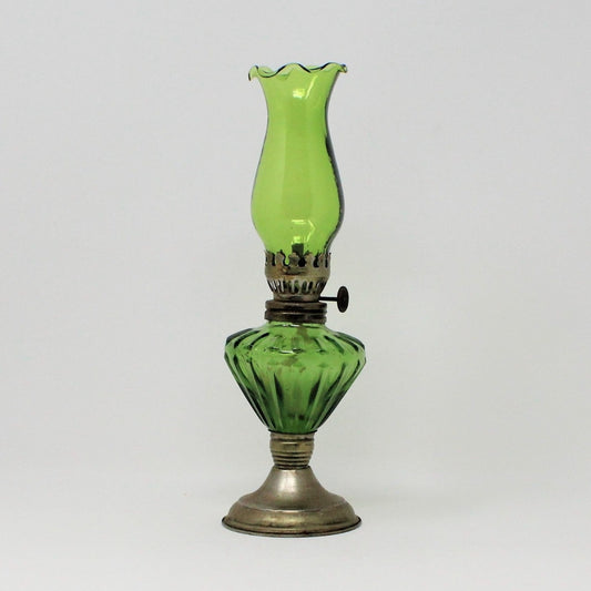 Oil Lamp, Mini Green Glass with Brass Base, No. 530, British Hong Kong, Vintage