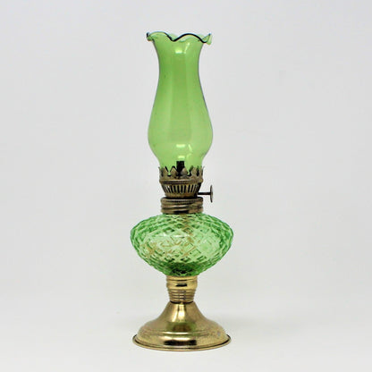 Oil Lamp, Mini Green Glass with Brass Base, Square/Diamonds, Hong Kong, Vintage, SOLD