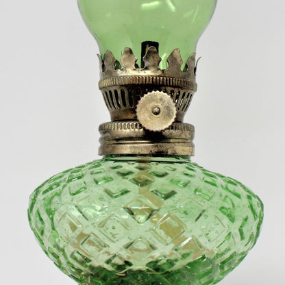 Oil Lamp, Mini Green Glass with Brass Base, Square/Diamonds, Hong Kong, Vintage, SOLD
