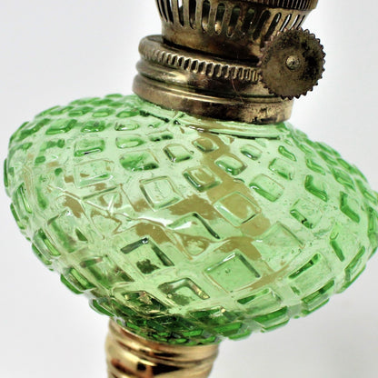 Oil Lamp, Mini Green Glass with Brass Base, Square/Diamonds, Hong Kong, Vintage, SOLD