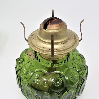 Oil Lamp, LE Smith, Moon and Stars Green Glass, P&A Burner, Vintage