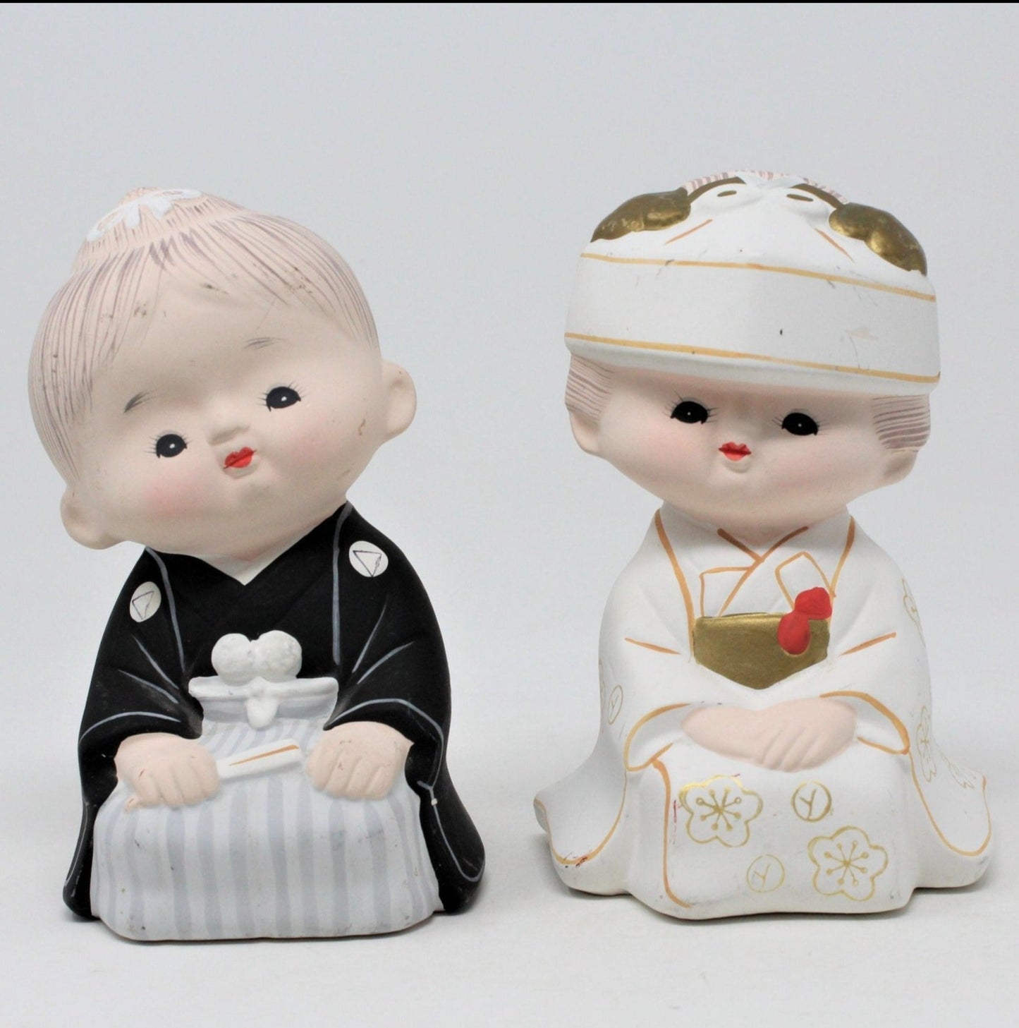 Hakata Doll, Bride and Groom, Unglazed Pottery, Japan, Vintage