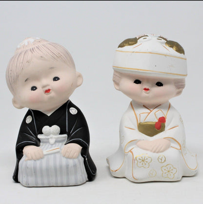 Figurine, Hakata Doll, Bride and Groom, Unglazed Pottery, Japan, Vintage