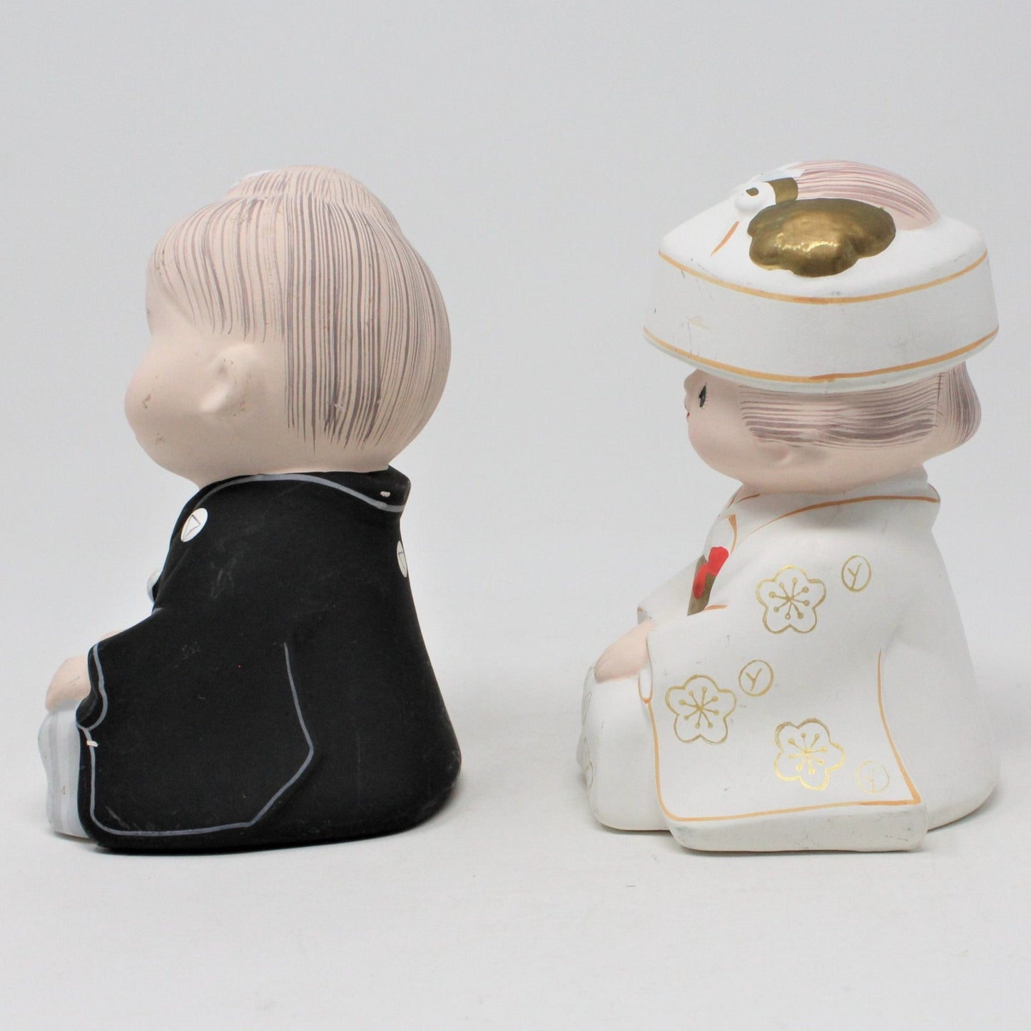 Figurine, Hakata Doll, Bride and Groom, Unglazed Pottery, Japan, Vintage