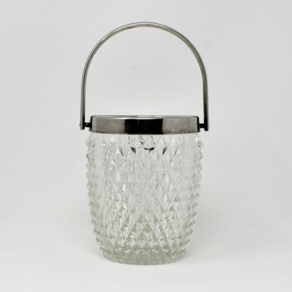 Ice Bucket, Indiana Glass, Diamond Point with Silver Handle, MCM, Vintage