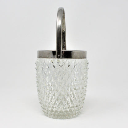 Ice Bucket, Indiana Glass, Diamond Point with Silver Handle, MCM, Vintage