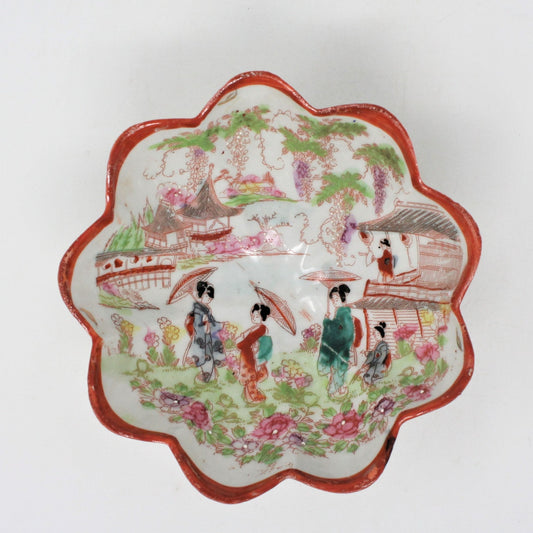 Bowl, Hand Painted, Geisha Girl Moriage, Satsuma Kutani, 3-Footed Bowl, Vintage