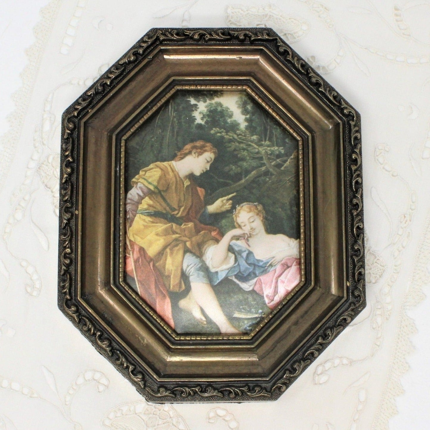 Silk Print, Renaissance Couple in Garden, Framed, Italy, Vintage