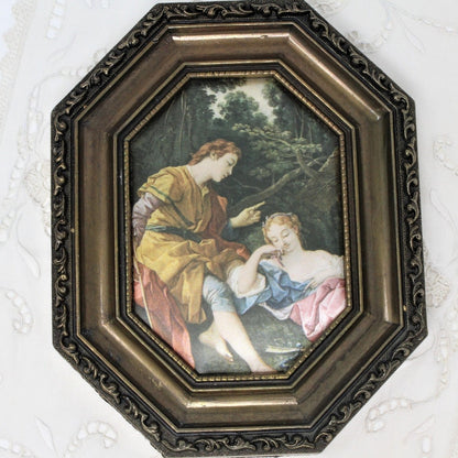 Silk Print, Renaissance Couple in Garden, Framed, Italy, Vintage