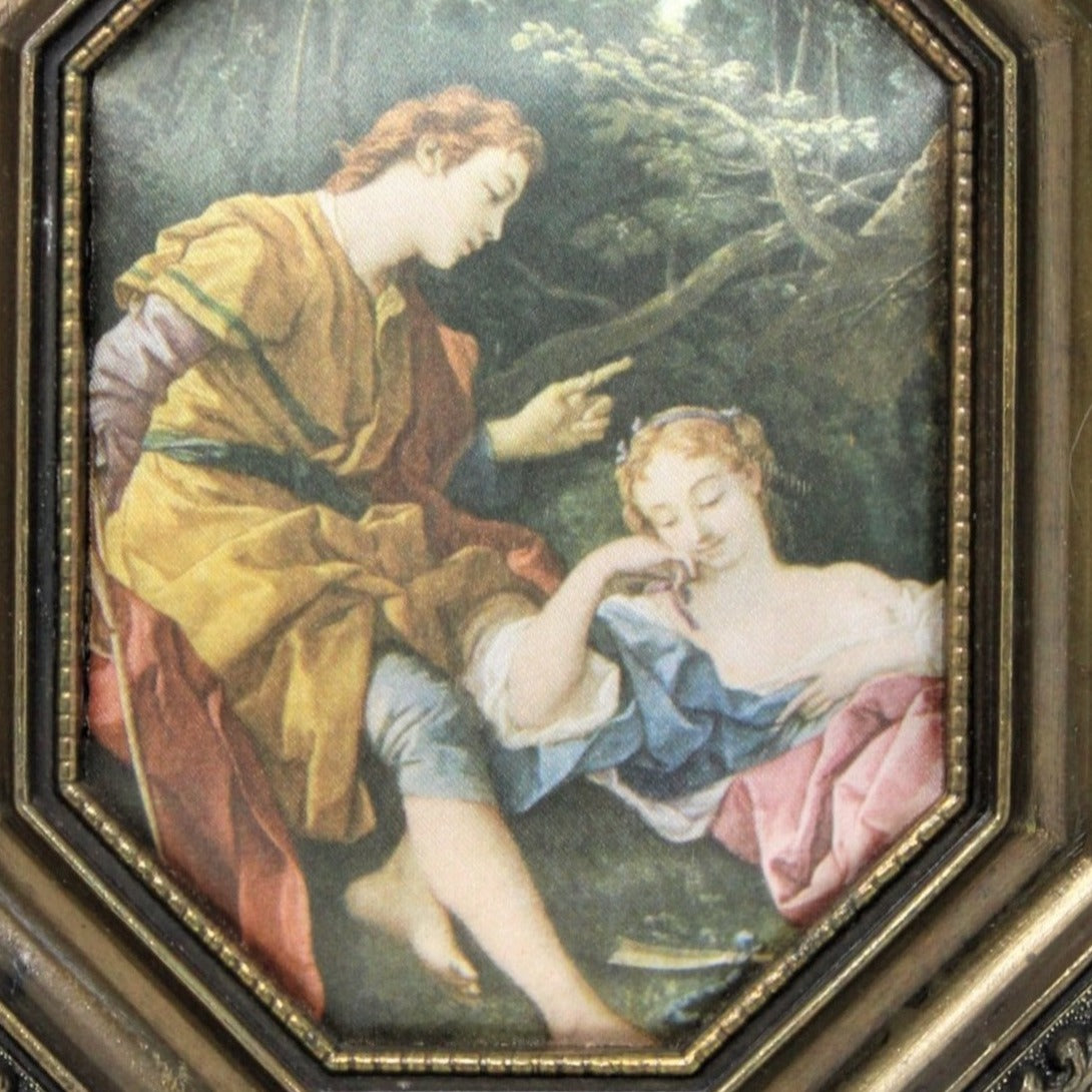 Silk Print, Renaissance Couple in Garden, Framed, Italy, Vintage