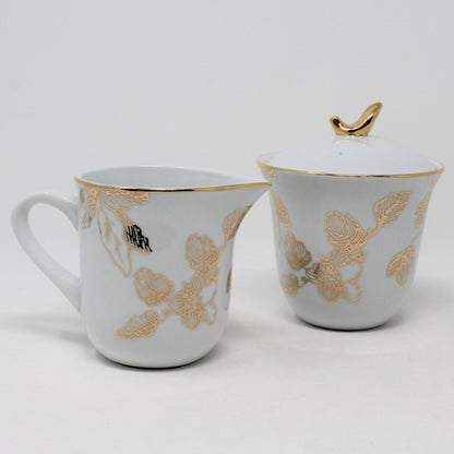 Creamer & Sugar with Lid, Avon, Expressions Gold Floral, Bone China