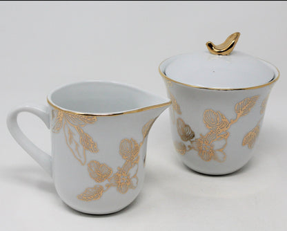 Creamer & Sugar with Lid, Avon, Expressions Gold Floral, Bone China