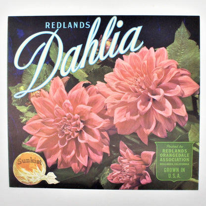 Crate Label, Redlands Dahlia, Sunkist Oranges, California, Vintage 1950's