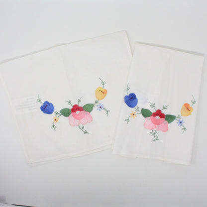 Tea Towels / Fingertip Towels, Embroidered & Appliqué Floral, Set of 2, Vintage, Unused