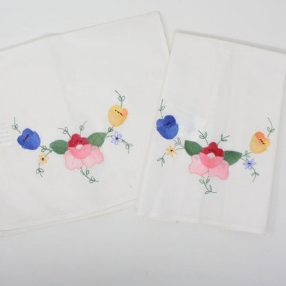 Tea Towels / Fingertip Towels, Embroidered & Appliqué Floral, Set of 2, Vintage, Unused