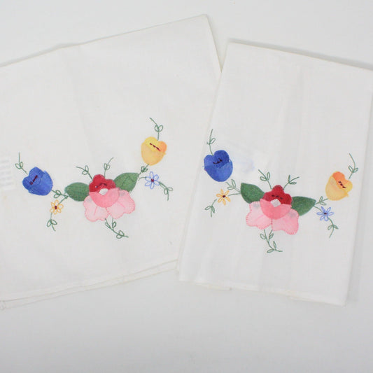 Tea Towels / Fingertip Towels, Embroidered & Appliqué Floral, Set of 2, Vintage, Unused