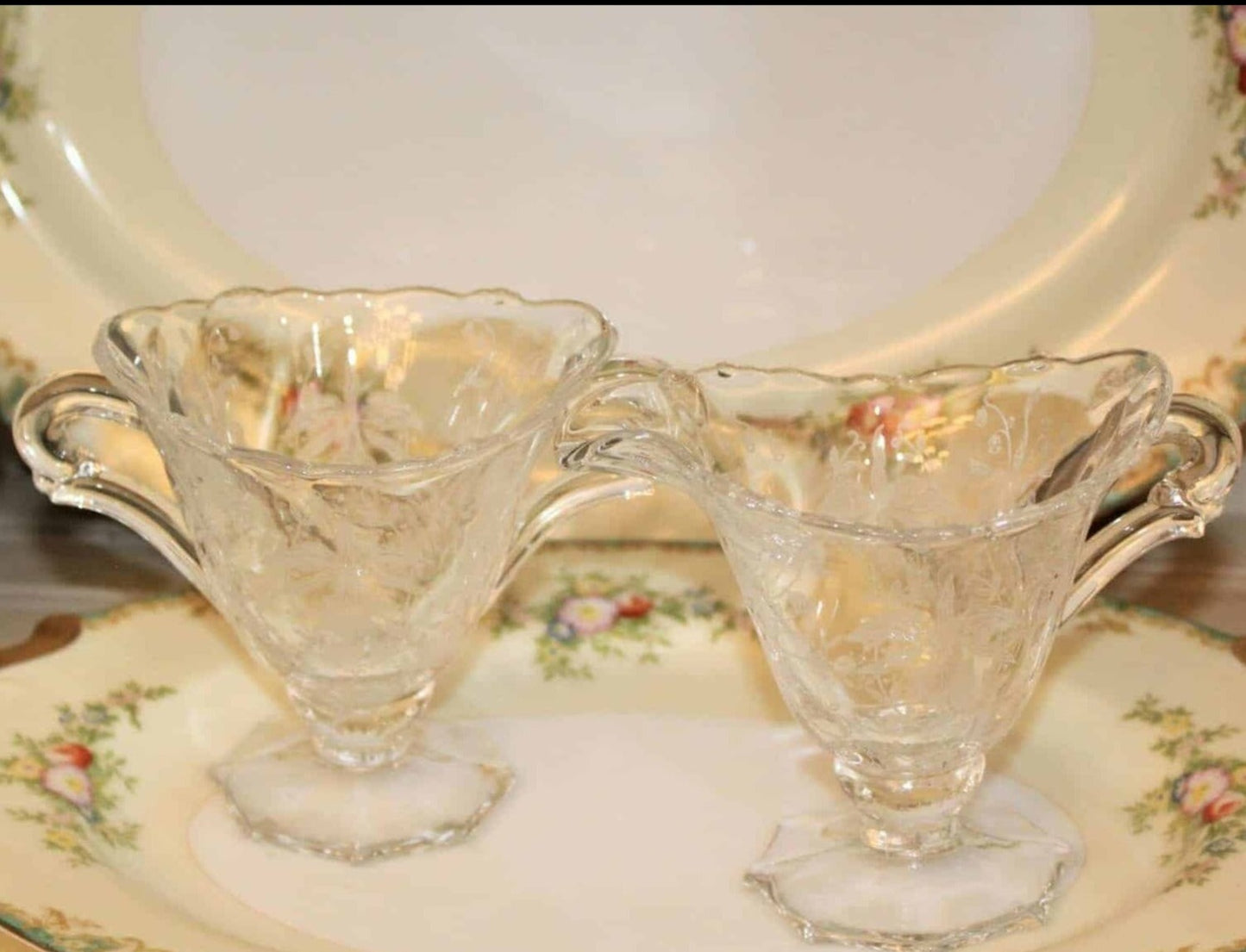 Creamer & Open Sugar, Heisey, Orchid, Etched, Footed, Vintage